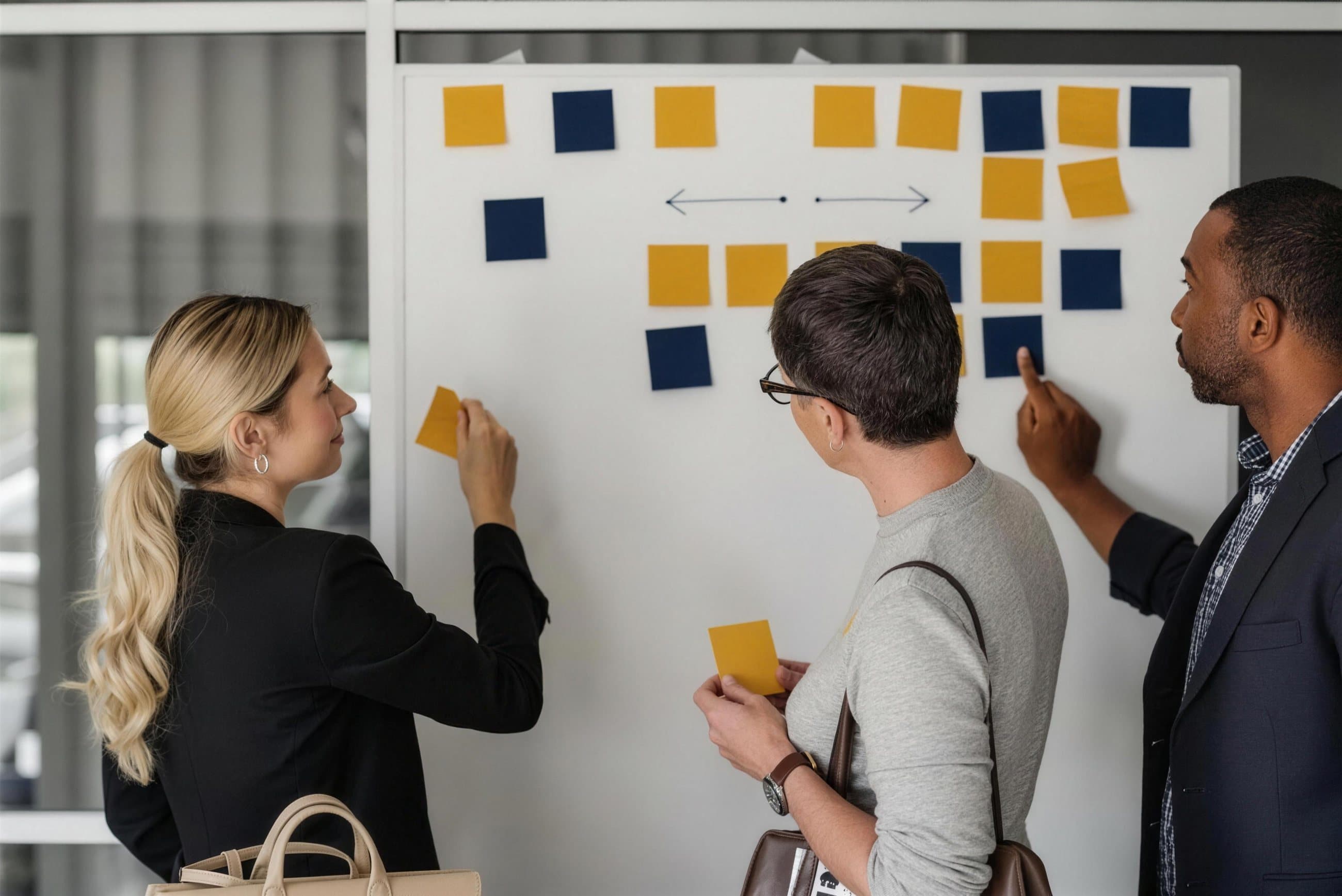 Trois personnes organisent un processus avec des notes repositionnables sur un tableau blanc