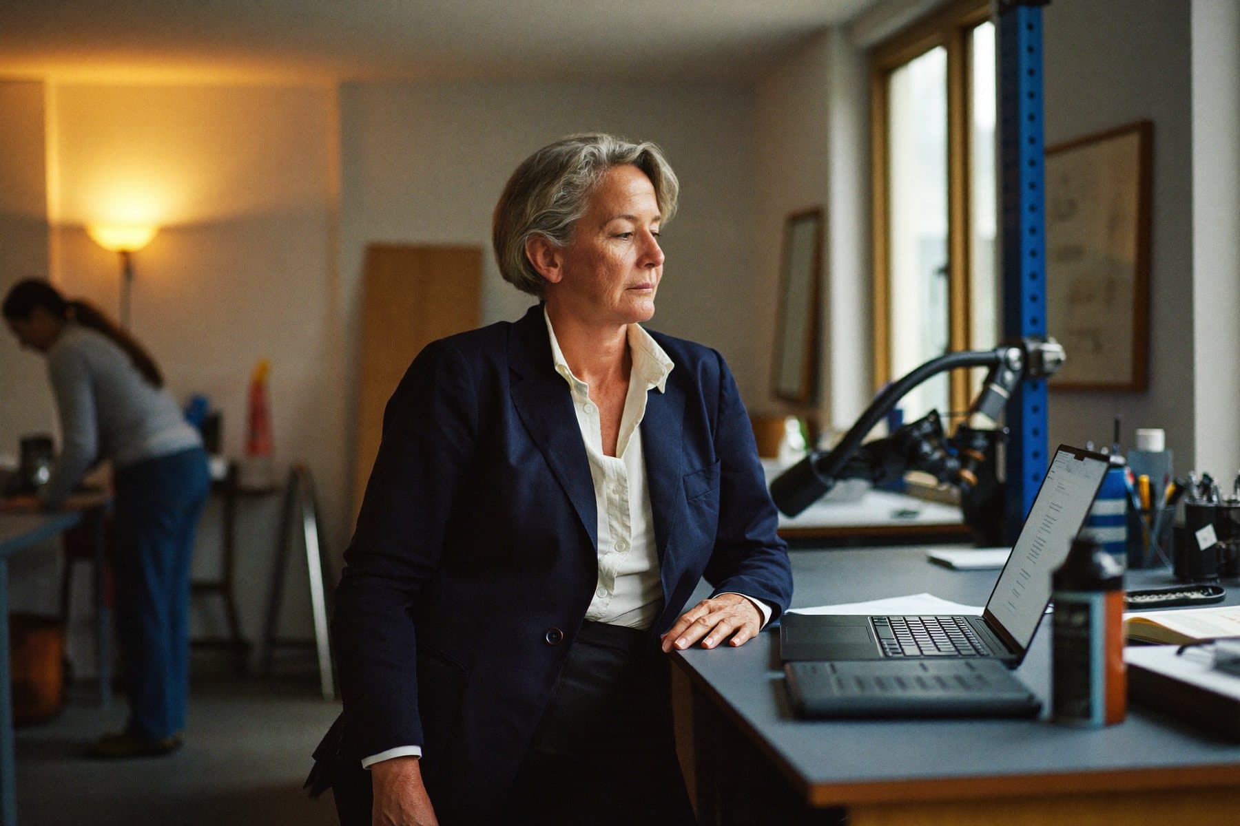 Une dirigeante de PME consulte son ordinateur dans son atelier